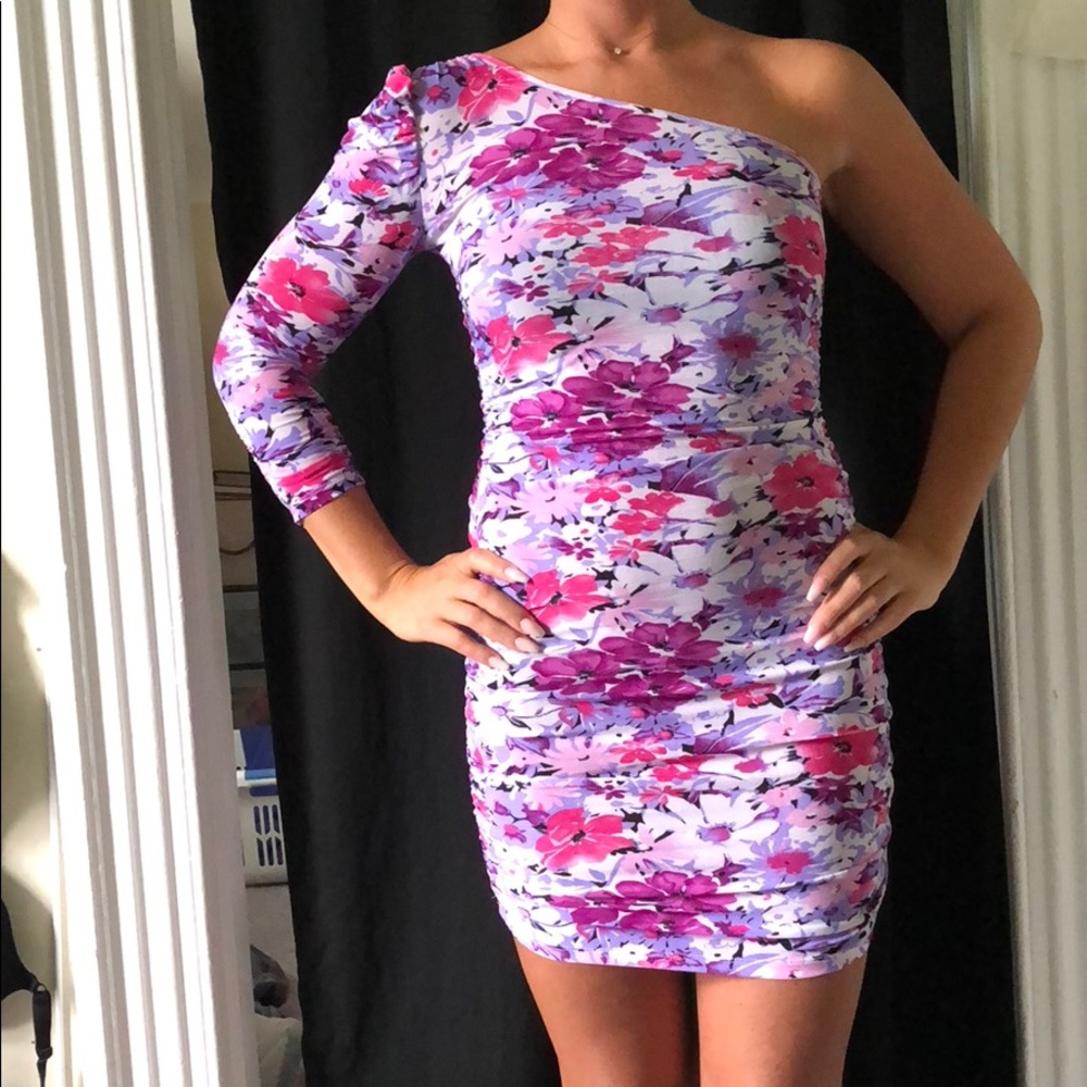 floral long sleeve one shoulder mini dress